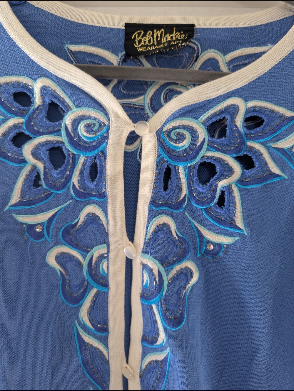 Vintage Bob Mackie Wearable Art Cardigan Blue Floral Embroidery Open Front - Picture 3 of 5